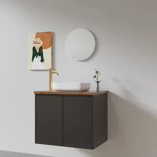 ארון אמבטיה תלוי רוחב 55 ס"מ בעומק 33 ס"מ צבע לבן או שחור מט לבחירתך עם משטח עץ מלא להנחת כיור מונח דגם R48-55