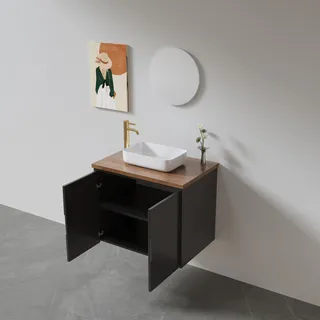 ארון אמבטיה תלוי רוחב 47 ס"מ בעומק 24 ס"מ צבע לבן או שחור מט לבחירתך עם משטח עץ מלא להנחת כיור מונח דגם R48-47