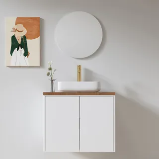 ארון אמבטיה תלוי רוחב 60 ס"מ בעומק 46 ס"מ צבע לבן מט עם משטח עץ מלא להנחת כיור מונח דגם R48-60