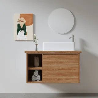 ארון אמבטיה תלוי רוחב 55 ס"מ בעומק 33 ס"מ עשוי מעץ מלא אלון מבוקע עם משטח עץ מלא להנחת כיור מונח דגם אגאדיר