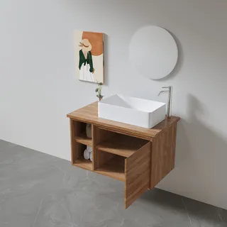 ארון אמבטיה תלוי רוחב 55 ס"מ בעומק 33 ס"מ עשוי מעץ מלא אלון מבוקע עם משטח עץ מלא להנחת כיור מונח דגם אגאדיר