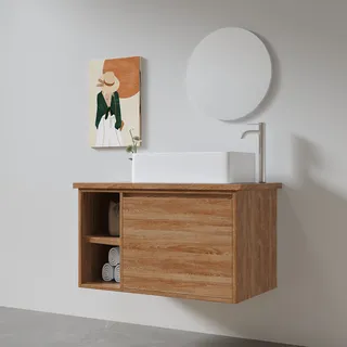 ארון אמבטיה תלוי רוחב 55 ס"מ בעומק 33 ס"מ עשוי מעץ מלא אלון מבוקע עם משטח עץ מלא להנחת כיור מונח דגם אגאדיר