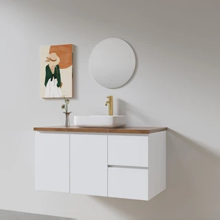 ארון אמבטיה תלוי רוחב 80, 100 ס"מ בעומק 46 ס"מ צבע לבן מט לבחירתך עם משטח עץ מלא להנחת כיור מונח דגם פולמא