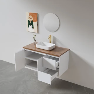 ארון אמבטיה תלוי לפי מידה רוחב עומק וצבע לפי בחירתך עם משטח עץ מלא להנחת כיור מונח דגם פולמא W