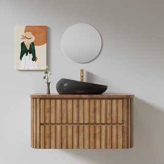 ארון אמבטיה תלוי לפי מידה רוחב ועומק לפי בחירתך עשוי מעץ מלא אלון מבוקע עם משטח להנחת כיור מונח דגם בורגי W