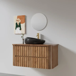 ארון אמבטיה תלוי רוחב 100, 120 ס"מ לבחירתך בעומק 46 ס"מ עשוי מעץ מלא אלון מבוקע עם משטח עץ מלא להנחת כיור מונח דגם בורגי