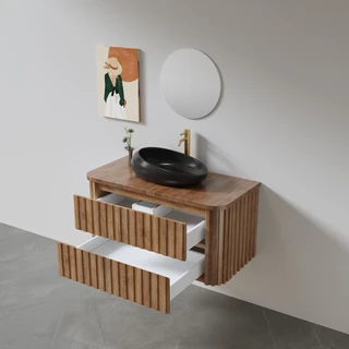 ארון אמבטיה תלוי רוחב 100, 120 ס"מ לבחירתך בעומק 46 ס"מ עשוי מעץ מלא אלון מבוקע עם משטח עץ מלא להנחת כיור מונח דגם בורגי