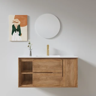 ארון אמבטיה תלוי לפי מידה רוחב ועומק לפי בחירתך עשוי מעץ מלא אלון מבוקע עם כיור משטח חרס שקוע דגם רוליק W