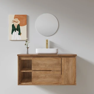 ארון אמבטיה תלוי לפי מידה רוחב ועומק לפי בחירתך עשוי מעץ מלא אלון מבוקע עם משטח להנחת כיור מונח דגם גומו W