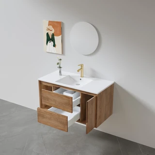 ארון אמבטיה תלוי לפי מידה רוחב ועומק לפי בחירתך עשוי מעץ מלא אלון מבוקע עם כיור משטח חרס שקוע דגם רוליק W