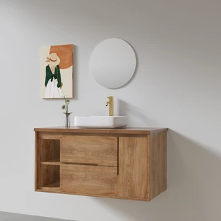 ארון אמבטיה תלוי לפי מידה רוחב ועומק לפי בחירתך עשוי מעץ מלא אלון מבוקע עם משטח להנחת כיור מונח דגם גומו W