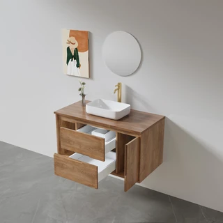 ארון אמבטיה תלוי לפי מידה רוחב ועומק לפי בחירתך עשוי מעץ מלא אלון מבוקע עם משטח להנחת כיור מונח דגם גומו W