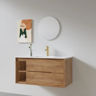 ארון אמבטיה תלוי רוחב 80, 100 ס"מ לבחירתך בעומק 46 ס"מ עשוי מעץ מלא אלון מבוקע עם כיור משטח חרס שקוע דגם זורי