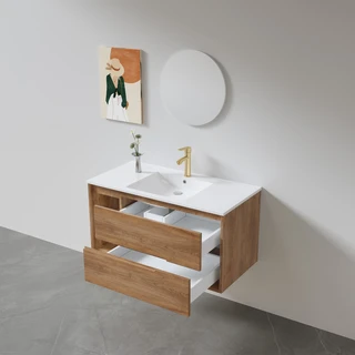 ארון אמבטיה תלוי רוחב 80, 100 ס"מ לבחירתך בעומק 46 ס"מ עשוי מעץ מלא אלון מבוקע עם כיור משטח חרס שקוע דגם זורי