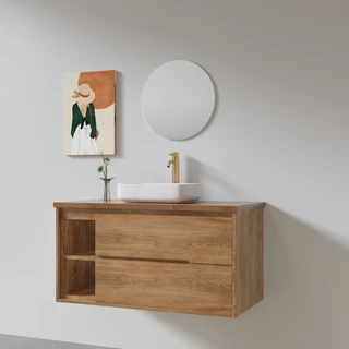 ארון אמבטיה תלוי רוחב 80, 100 ס"מ לבחירתך בעומק 46 ס"מ עשוי מעץ מלא אלון מבוקע עם משטח עץ מלא להנחת כיור מונח דגם הירא