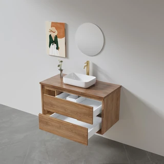 ארון אמבטיה תלוי רוחב 80, 100 ס"מ לבחירתך בעומק 46 ס"מ עשוי מעץ מלא אלון מבוקע עם משטח עץ מלא להנחת כיור מונח דגם הירא