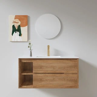 ארון אמבטיה תלוי לפי מידה רוחב ועומק לפי בחירתך עשוי מעץ מלא אלון מבוקע עם כיור משטח חרס שקוע דגם זורי W