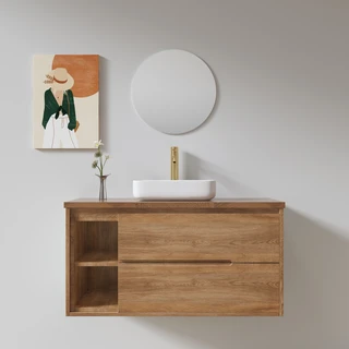 ארון אמבטיה תלוי לפי מידה רוחב ועומק לפי בחירתך עשוי מעץ מלא אלון מבוקע עם משטח להנחת כיור מונח דגם הירא W