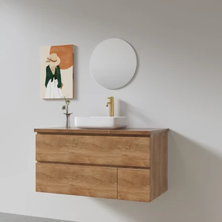 ארון אמבטיה תלוי רוחב 80, 100 ס"מ לבחירתך בעומק 46 ס"מ עשוי מעץ מלא אלון מבוקע עם משטח עץ מלא להנחת כיור מונח דגם מיקונוס