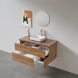 ארון אמבטיה תלוי רוחב 80, 100 ס"מ לבחירתך בעומק 46 ס"מ עשוי מעץ מלא אלון מבוקע עם משטח עץ מלא להנחת כיור מונח דגם מיקונוס