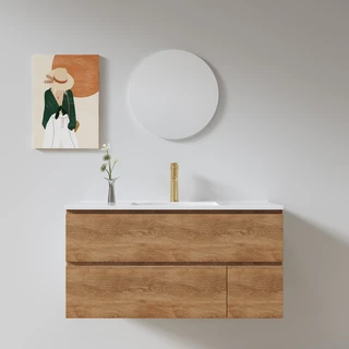 ארון אמבטיה תלוי לפי מידה רוחב ועומק לפי בחירתך עשוי מעץ מלא אלון מבוקע עם כיור משטח חרס שקוע דגם קורפו W