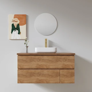 ארון אמבטיה תלוי לפי מידה רוחב ועומק לפי בחירתך עשוי מעץ מלא אלון מבוקע עם משטח להנחת כיור מונח דגם מיקונוס W