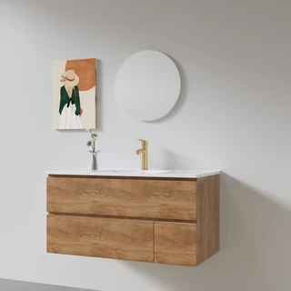 ארון אמבטיה תלוי לפי מידה רוחב ועומק לפי בחירתך עשוי מעץ מלא אלון מבוקע עם כיור משטח חרס שקוע דגם קורפו W