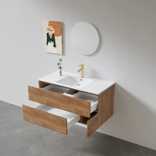 ארון אמבטיה תלוי לפי מידה רוחב ועומק לפי בחירתך עשוי מעץ מלא אלון מבוקע עם כיור משטח חרס שקוע דגם קורפו W