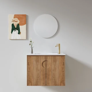 ארון אמבטיה תלוי רוחב 55 ס"מ בעומק 33 ס"מ עשוי מעץ מלא אלון מבוקע עם כיור משטח חרס שקוע דגם R55-55A