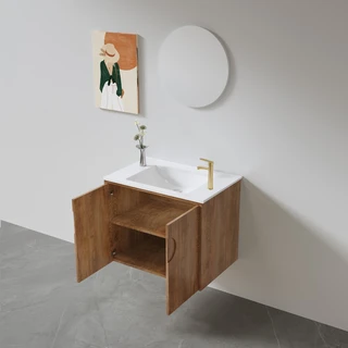 ארון אמבטיה תלוי רוחב 55 ס"מ בעומק 33 ס"מ עשוי מעץ מלא אלון מבוקע עם כיור משטח חרס שקוע דגם R55-55A