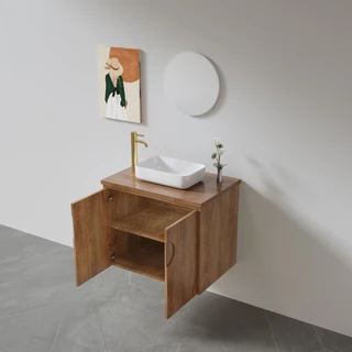 ארון אמבטיה תלוי רוחב 55 ס"מ בעומק 33 ס"מ עשוי מעץ מלא אלון מבוקע עם משטח עץ מלא להנחת כיור מונח דגם R55-55