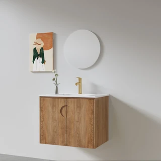 ארון אמבטיה תלוי רוחב 60, 80, 100 ס"מ בעומק 46 ס"מ לבחירתך עשוי מעץ מלא אלון מבוקע עם כיור משטח חרס שקוע דגם זקינתוס