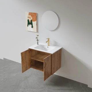 ארון אמבטיה תלוי רוחב 60, 80, 100 ס"מ בעומק 46 ס"מ לבחירתך עשוי מעץ מלא אלון מבוקע עם כיור משטח חרס שקוע דגם זקינתוס