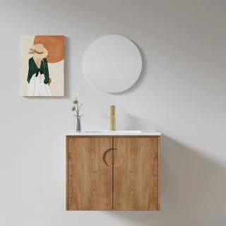 ארון אמבטיה תלוי לפי מידה רוחב ועומק לפי בחירתך עשוי מעץ מלא אלון מבוקע עם כיור משטח חרס שקוע דגם זקינתוס W