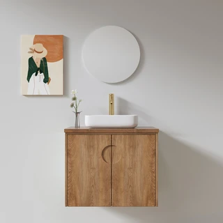 ארון אמבטיה תלוי לפי מידה רוחב ועומק לפי בחירתך עשוי מעץ מלא אלון מבוקע עם משטח להנחת כיור מונח דגם קיתירה W