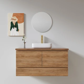 ארון אמבטיה תלוי רוחב 80, 100 ס"מ לבחירתך בעומק 46 ס"מ עשוי מעץ מלא אלון מבוקע עם משטח עץ מלא להנחת כיור מונח דגם פאקסי