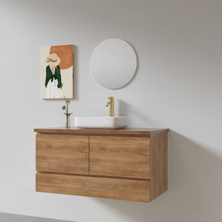 ארון אמבטיה תלוי רוחב 80, 100 ס"מ לבחירתך בעומק 46 ס"מ עשוי מעץ מלא אלון מבוקע עם משטח עץ מלא להנחת כיור מונח דגם פאקסי