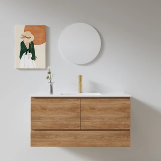 ארון אמבטיה תלוי לפי מידה רוחב ועומק לפי בחירתך עשוי מעץ מלא אלון מבוקע עם כיור משטח חרס שקוע דגם איתקה W