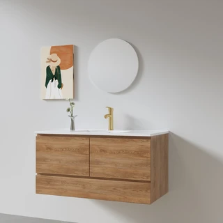 ארון אמבטיה תלוי לפי מידה רוחב ועומק לפי בחירתך עשוי מעץ מלא אלון מבוקע עם כיור משטח חרס שקוע דגם איתקה W