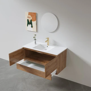 ארון אמבטיה תלוי לפי מידה רוחב ועומק לפי בחירתך עשוי מעץ מלא אלון מבוקע עם כיור משטח חרס שקוע דגם איתקה W