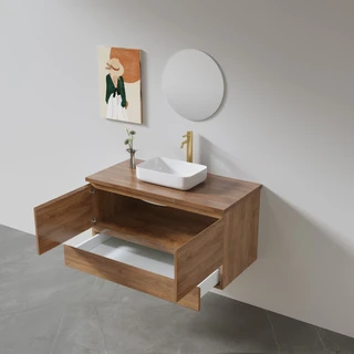 ארון אמבטיה תלוי לפי מידה רוחב ועומק לפי בחירתך עשוי מעץ מלא אלון מבוקע עם משטח להנחת כיור מונח דגם פאקסי W