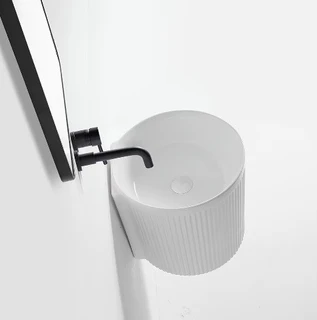 כיור רחצה מעוגל מחורץ תלוי קוטר 40 ס"מ צבע לבן מט בלי חור לברז דגם טאסוס