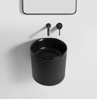 כיור רחצה מעוגל מחורץ תלוי קוטר 40 ס"מ צבע שחור מט בלי חור לברז דגם קיתירה