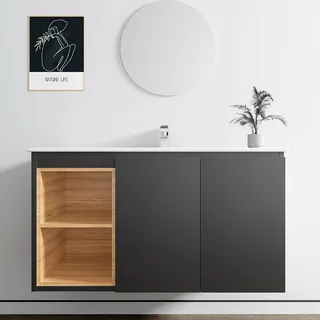 ארון אמבטיה תלוי רוחב 100 ס"מ בעומק 46 ס"מ צבע שחור מט עם כיור משטח חרס שקוע דגם רותין 100