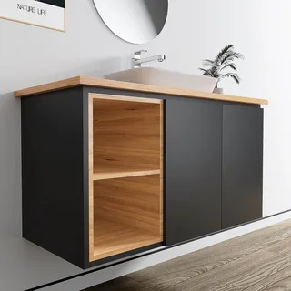 ארון אמבטיה תלוי רוחב 100 ס"מ בעומק 46 ס"מ צבע שחור מט עם משטח עץ מלא להנחת כיור מונח דגם הבאנא 100