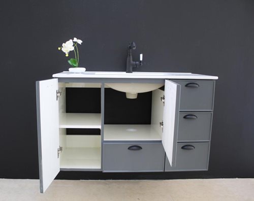 ארון אמבטיה תלוי לפי מידה רוחב וצבע לפי בחירתך עם כיור משטח חרס שקוע דגם מירידיא