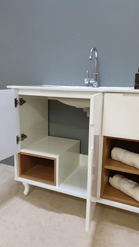 ארון אמבטיה עומד לפי מידה רוחב עומק וצבע לפי בחירתך עם כיור משטח חרס שקוע דגם איילנד