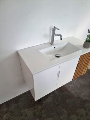 ארון אמבטיה תלוי לפי מידה רוחב עומק וצבע לפי בחירתך עם כיור משטח חרס שקוע דגם אנדרוס