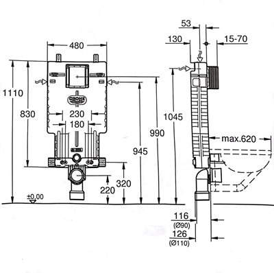סט מיכל הדחה סמוי GROHE גרואה רגיל מתאים לקירות בלוקים ו/או בטון + לחצן לבחירתכם + אסלה תלויה מלבנית Rimless פאולו לבן מבריק ומושב טריקה שקטה דגם 151C