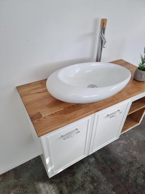 ארון אמבטיה תלוי לפי מידה רוחב עומק וצבע לפי בחירתך עם משטח עץ מלא להנחת כיור מונח דגם פלוטו